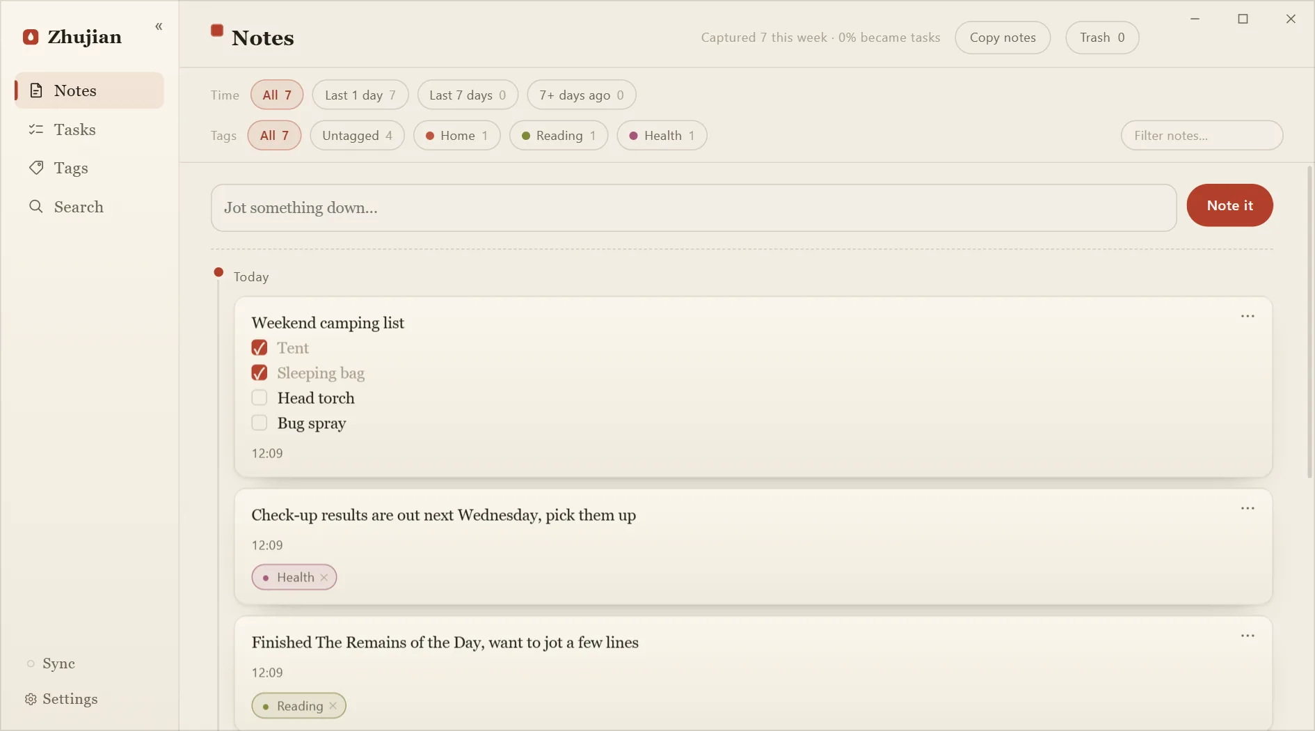 Notes: today's entries laid out as a timeline, each carrying its tags