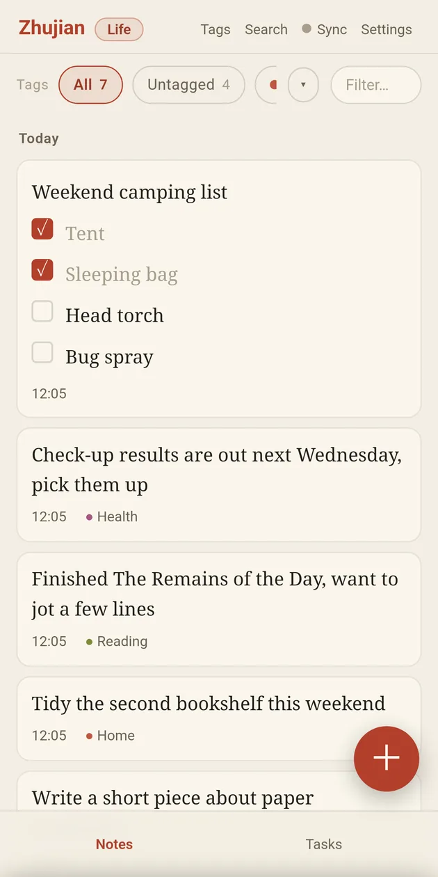 The same notes on a phone: a column of cards, one of them holding a tickable checklist in its body